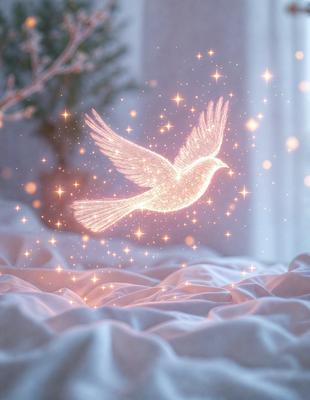 The primary subject of the image is a white bird, possibly a dove, flying through the air. The bird is surrounded by a bright, colorful, and sparkling environment, which adds a sense of motion and energy to the scene. The visual style of the image is a combination of photo and digital art, creating a unique and eye-catching representation of the bird in flight. The colors and mood of the image are predominantly white and pink, giving it a warm and serene atmosphere.